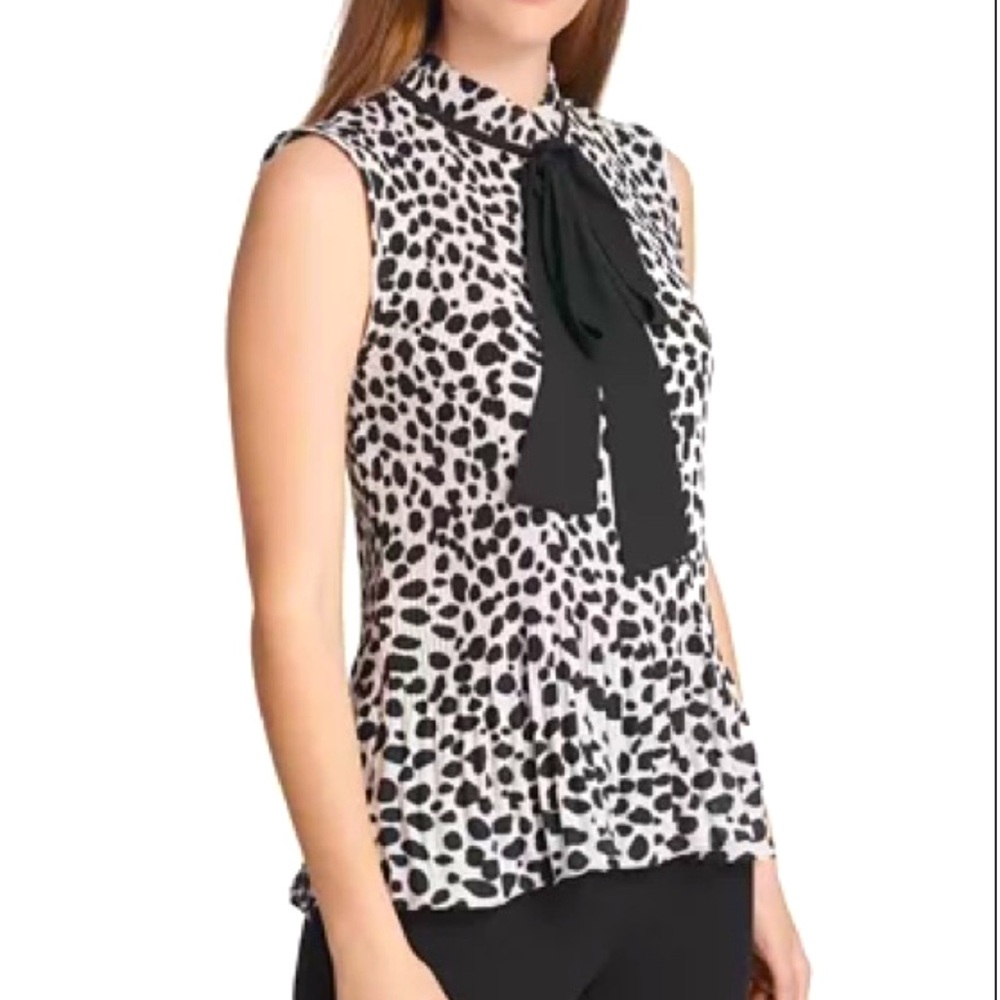 DKNY Pleated Animal-Print Tie-Neck Top